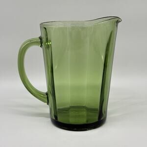 Vintage Hazel Atlas Avocado Green Heavy Glass Water Pitcher Paneled 8"
